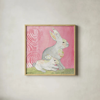 Rabbit Family Square by Courtney Prahl. Shown in a natural wood glass frame for a timeless modern aesthetic. Available as an archival giclee rolled canvas, fine art paper, or poster print. SKU 52389a.