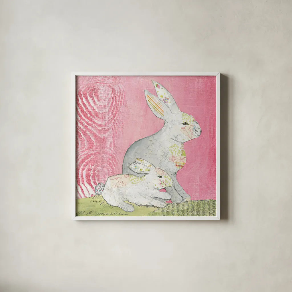 Rabbit Family Square by Courtney Prahl. Shown in a crisp white glass frame for a clean and minimalist style. Available as an archival giclee rolled canvas, fine art paper, or poster print. SKU 52389a.