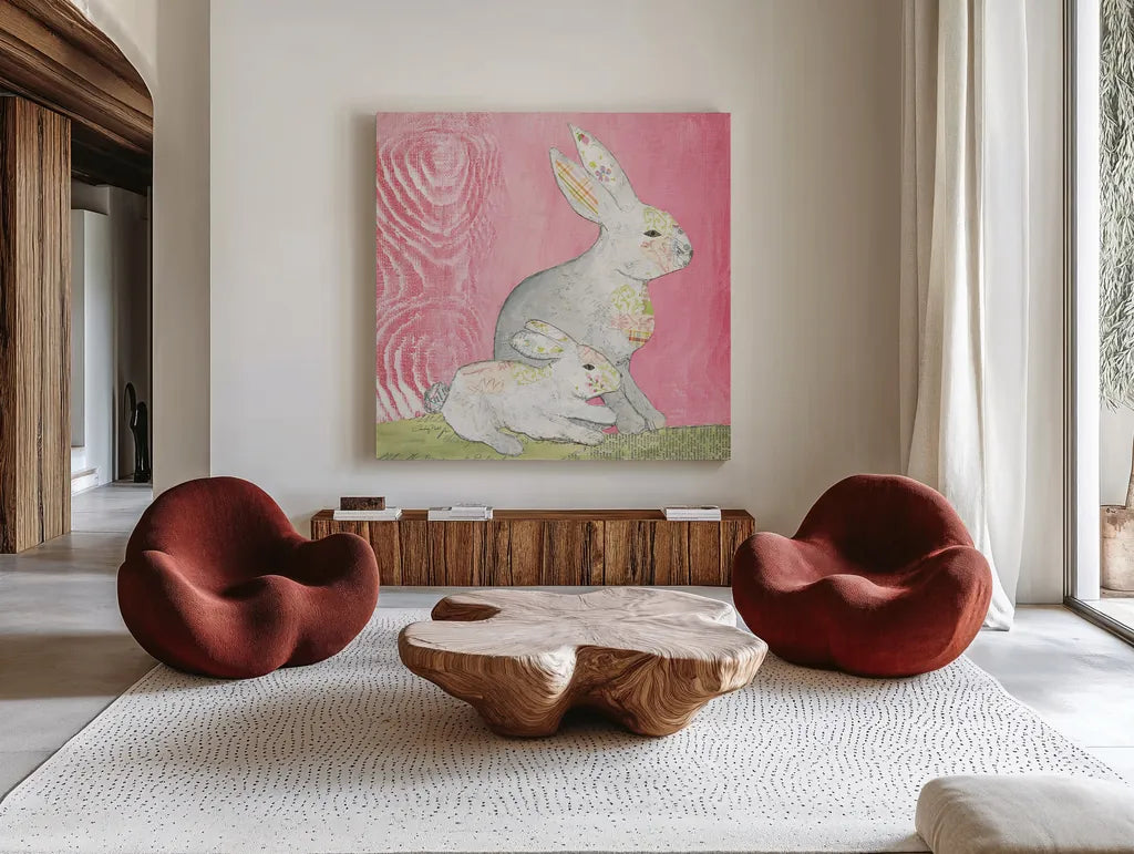 Rabbit Family Square by Courtney Prahl. Shown as extra-large giant wall art in a modern living room. Available as an archival giclee rolled canvas, fine art paper, or poster print. SKU 52389a.