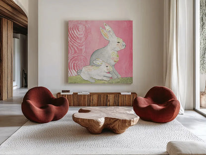 Rabbit Family Square by Courtney Prahl. Shown as extra-large giant wall art in a modern living room. Available as an archival giclee rolled canvas, fine art paper, or poster print. SKU 52389a.