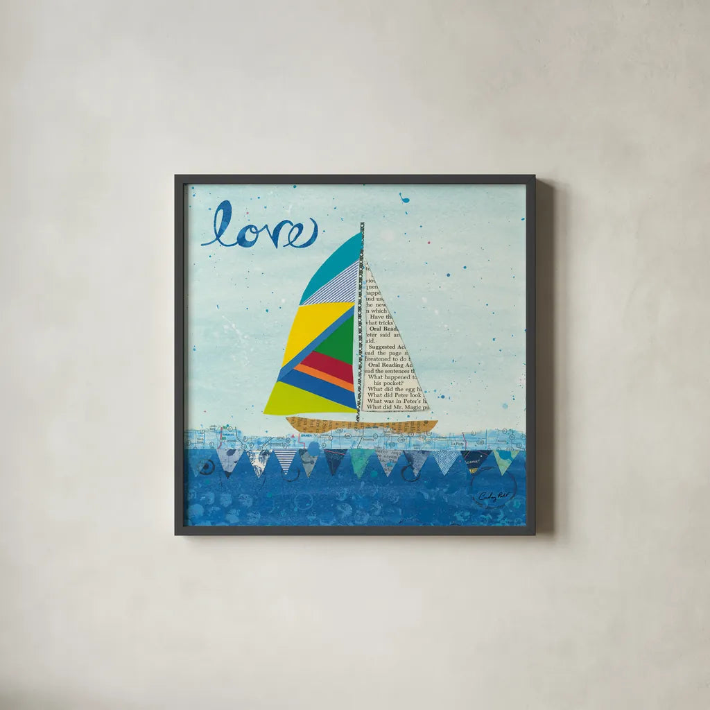 Rainbow Spinnakers I by Courtney Prahl. Shown in a sleek black glass frame for a contemporary gallery look. Available as an archival giclee rolled canvas, fine art paper, or poster print. SKU 37516a.