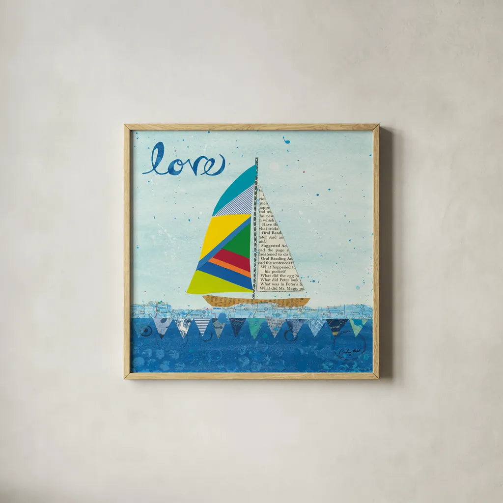 Rainbow Spinnakers I by Courtney Prahl. Shown in a natural wood glass frame for a timeless modern aesthetic. Available as an archival giclee rolled canvas, fine art paper, or poster print. SKU 37516a.