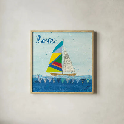 Rainbow Spinnakers I by Courtney Prahl. Shown in a natural wood glass frame for a timeless modern aesthetic. Available as an archival giclee rolled canvas, fine art paper, or poster print. SKU 37516a.