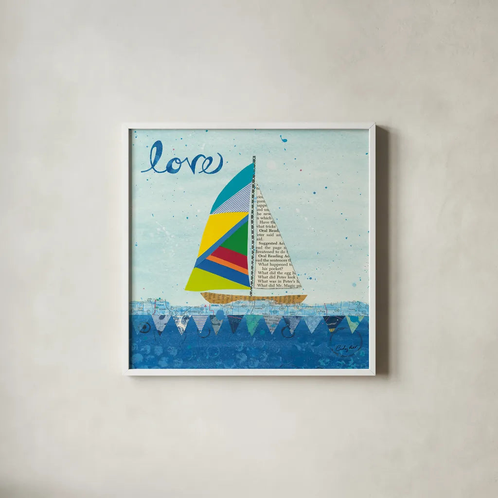 Rainbow Spinnakers I by Courtney Prahl. Shown in a crisp white glass frame for a clean and minimalist style. Available as an archival giclee rolled canvas, fine art paper, or poster print. SKU 37516a.