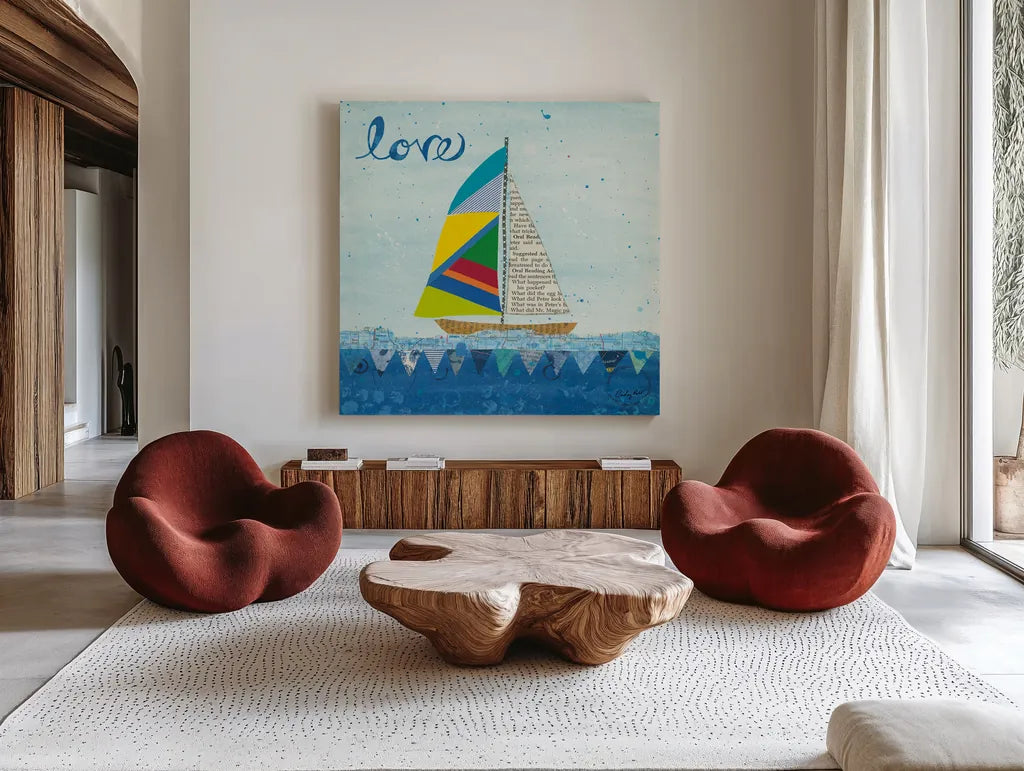 Rainbow Spinnakers I by Courtney Prahl. Shown as extra-large giant wall art in a modern living room. Available as an archival giclee rolled canvas, fine art paper, or poster print. SKU 37516a.