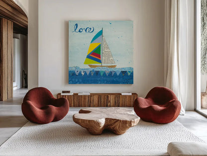 Rainbow Spinnakers I by Courtney Prahl. Shown as extra-large giant wall art in a modern living room. Available as an archival giclee rolled canvas, fine art paper, or poster print. SKU 37516a.