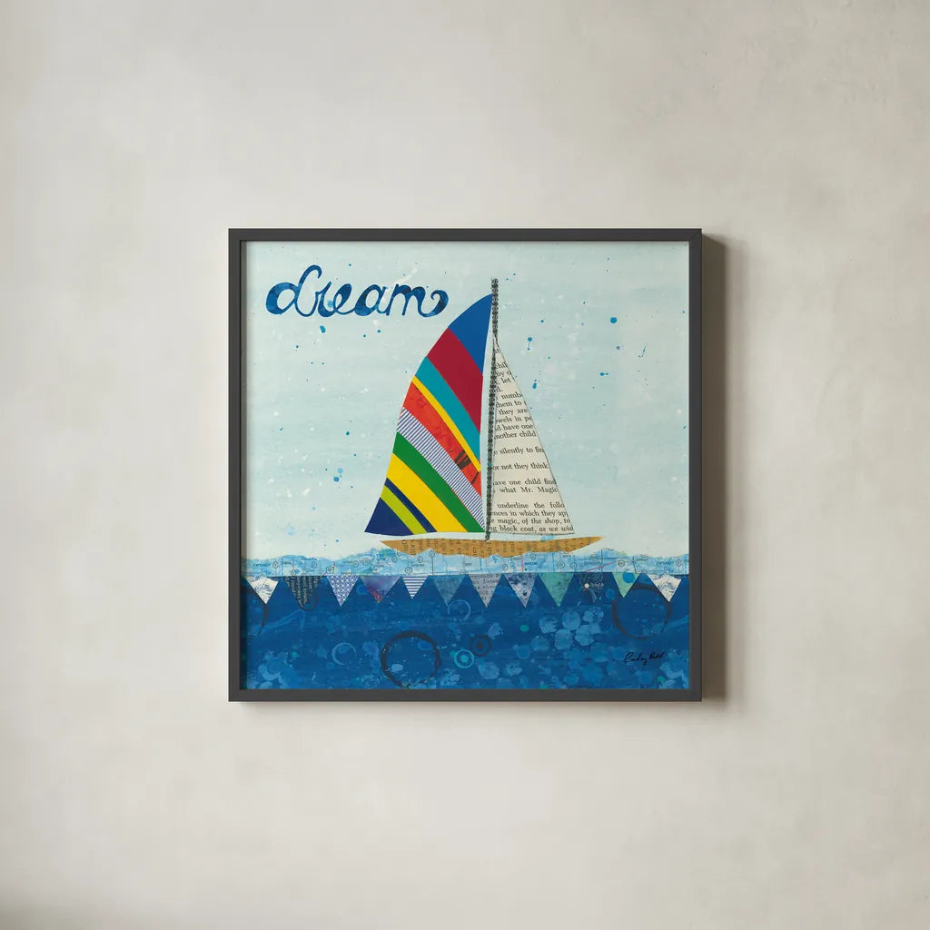 Rainbow Spinnakers II by Courtney Prahl. Shown in a sleek black glass frame for a contemporary gallery look. Available as an archival giclee rolled canvas, fine art paper, or poster print. SKU 37517a.