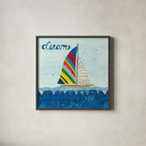 Rainbow Spinnakers II by Courtney Prahl. Shown in a sleek black glass frame for a contemporary gallery look. Available as an archival giclee rolled canvas, fine art paper, or poster print. SKU 37517a.