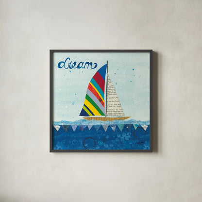 Rainbow Spinnakers II by Courtney Prahl. Shown in a sleek black glass frame for a contemporary gallery look. Available as an archival giclee rolled canvas, fine art paper, or poster print. SKU 37517a.