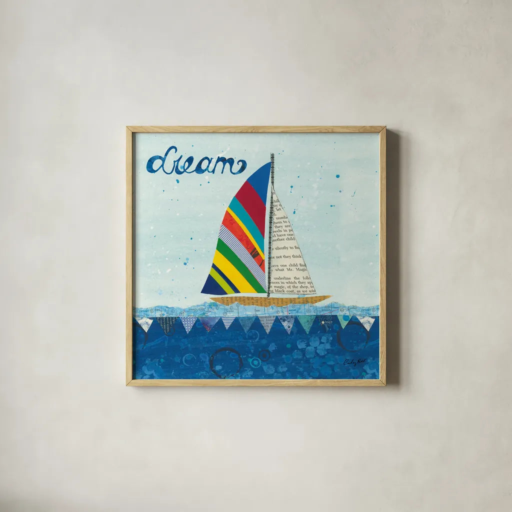 Rainbow Spinnakers II by Courtney Prahl. Shown in a natural wood glass frame for a timeless modern aesthetic. Available as an archival giclee rolled canvas, fine art paper, or poster print. SKU 37517a.