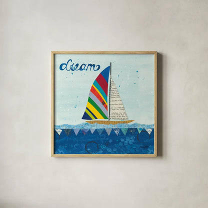 Rainbow Spinnakers II by Courtney Prahl. Shown in a natural wood glass frame for a timeless modern aesthetic. Available as an archival giclee rolled canvas, fine art paper, or poster print. SKU 37517a.