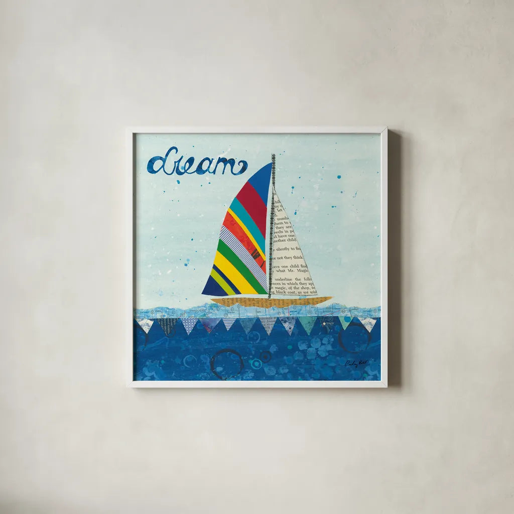 Rainbow Spinnakers II by Courtney Prahl. Shown in a crisp white glass frame for a clean and minimalist style. Available as an archival giclee rolled canvas, fine art paper, or poster print. SKU 37517a.