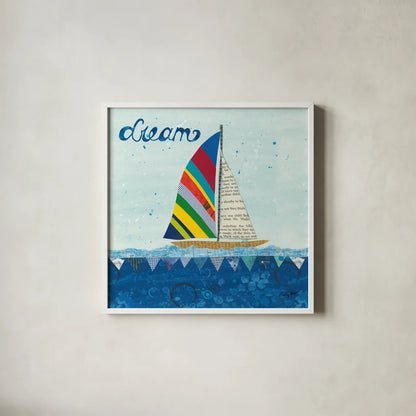 Rainbow Spinnakers II by Courtney Prahl. Shown in a crisp white glass frame for a clean and minimalist style. Available as an archival giclee rolled canvas, fine art paper, or poster print. SKU 37517a.