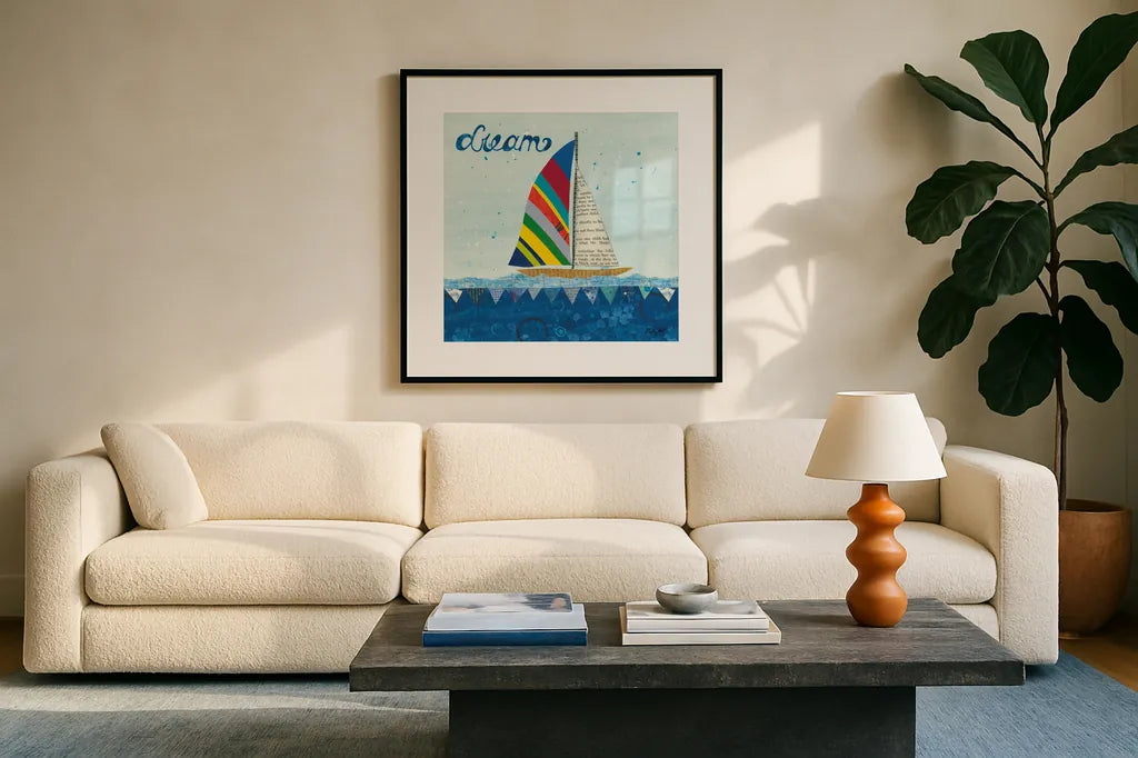 Rainbow Spinnakers II by Courtney Prahl. Displayed in a glass frame with matte in a clean modern living room. Available as an archival giclee rolled canvas, fine art paper, or poster print. SKU 37517a.