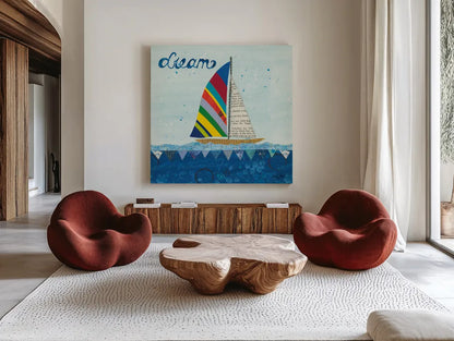 Rainbow Spinnakers II by Courtney Prahl. Shown as extra-large giant wall art in a modern living room. Available as an archival giclee rolled canvas, fine art paper, or poster print. SKU 37517a.