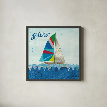 Rainbow Spinnakers III by Courtney Prahl. Shown in a sleek black glass frame for a contemporary gallery look. Available as an archival giclee rolled canvas, fine art paper, or poster print. SKU 37518a.
