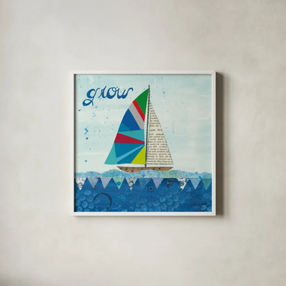 Rainbow Spinnakers III by Courtney Prahl. Shown in a crisp white glass frame for a clean and minimalist style. Available as an archival giclee rolled canvas, fine art paper, or poster print. SKU 37518a.