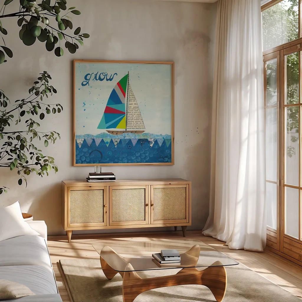Rainbow Spinnakers III by Courtney Prahl. Shown in a natural wood frame in a cozy modern living room. Available as an archival giclee rolled canvas, fine art paper, or poster print. SKU 37518a.