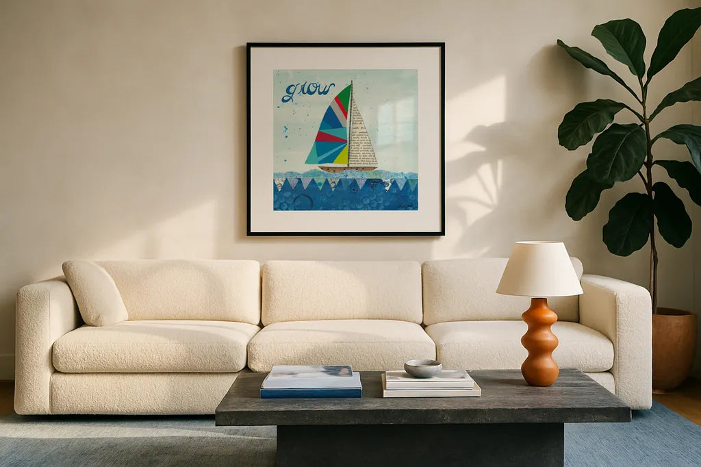 Rainbow Spinnakers III by Courtney Prahl. Displayed in a glass frame with matte in a clean modern living room. Available as an archival giclee rolled canvas, fine art paper, or poster print. SKU 37518a.