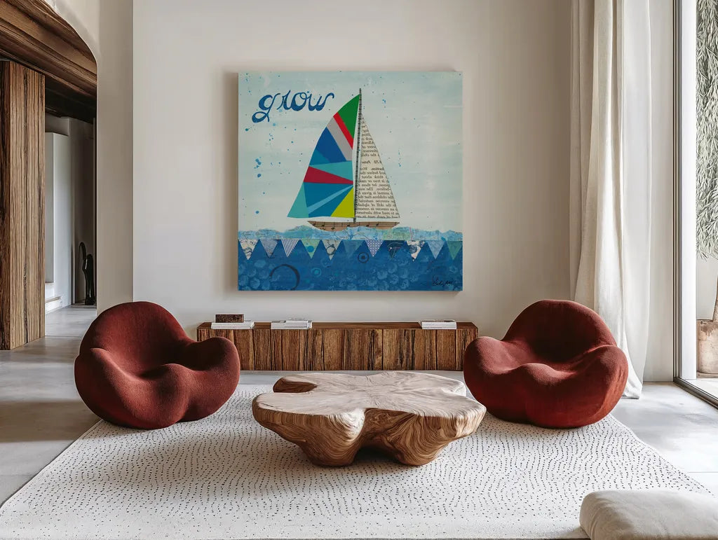 Rainbow Spinnakers III by Courtney Prahl. Shown as extra-large giant wall art in a modern living room. Available as an archival giclee rolled canvas, fine art paper, or poster print. SKU 37518a.