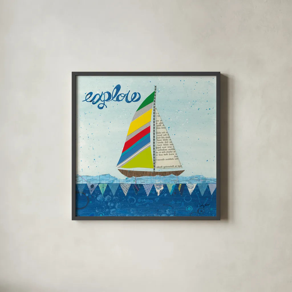 Rainbow Spinnakers IV by Courtney Prahl. Shown in a sleek black glass frame for a contemporary gallery look. Available as an archival giclee rolled canvas, fine art paper, or poster print. SKU 37519a.