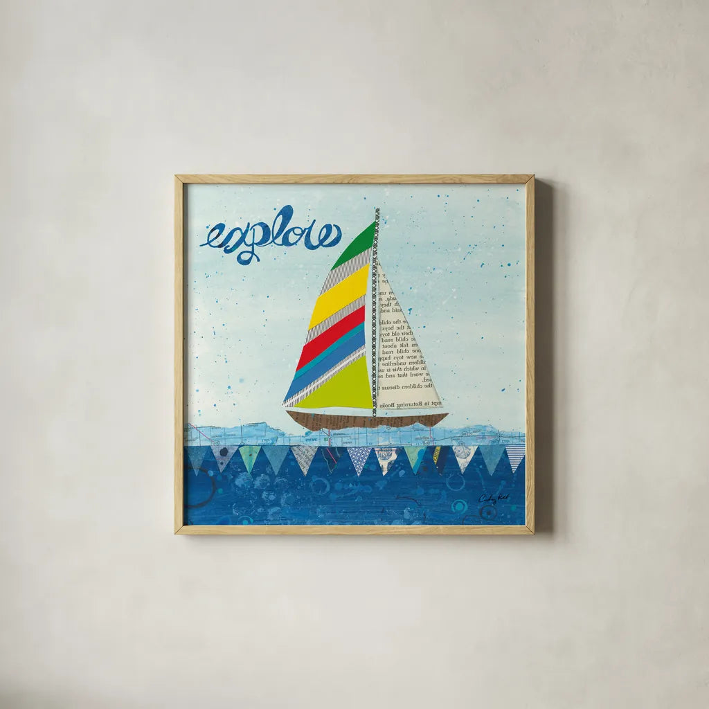 Rainbow Spinnakers IV by Courtney Prahl. Shown in a natural wood glass frame for a timeless modern aesthetic. Available as an archival giclee rolled canvas, fine art paper, or poster print. SKU 37519a.