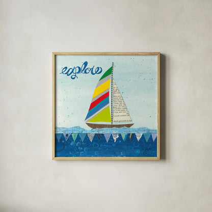 Rainbow Spinnakers IV by Courtney Prahl. Shown in a natural wood glass frame for a timeless modern aesthetic. Available as an archival giclee rolled canvas, fine art paper, or poster print. SKU 37519a.