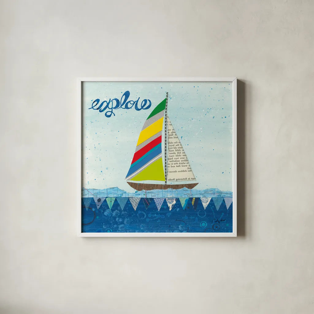 Rainbow Spinnakers IV by Courtney Prahl. Shown in a crisp white glass frame for a clean and minimalist style. Available as an archival giclee rolled canvas, fine art paper, or poster print. SKU 37519a.