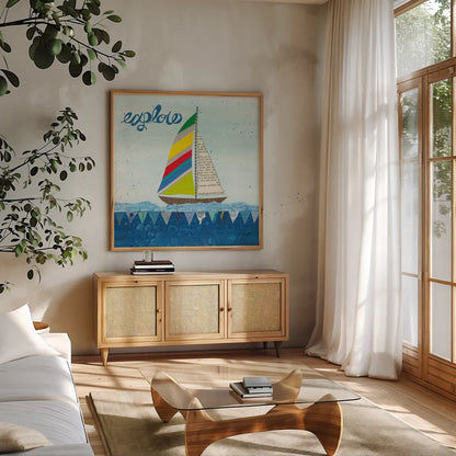 Rainbow Spinnakers IV by Courtney Prahl. Shown in a natural wood frame in a cozy modern living room. Available as an archival giclee rolled canvas, fine art paper, or poster print. SKU 37519a.