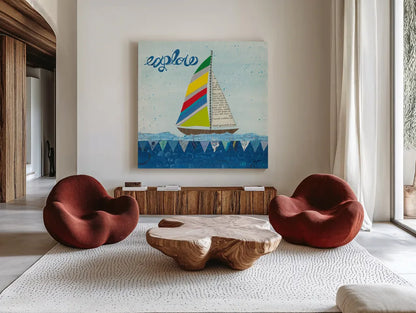 Rainbow Spinnakers IV by Courtney Prahl. Shown as extra-large giant wall art in a modern living room. Available as an archival giclee rolled canvas, fine art paper, or poster print. SKU 37519a.