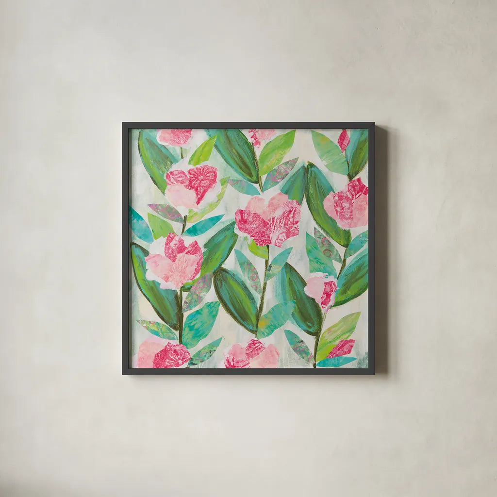 Rose Garden by Courtney Prahl. Shown in a sleek black glass frame for a contemporary gallery look. Available as an archival giclee rolled canvas, fine art paper, or poster print. SKU 91099a.