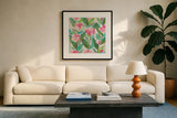 Rose Garden by Courtney Prahl. Displayed in a glass frame with matte in a clean modern living room. Available as an archival giclee rolled canvas, fine art paper, or poster print. SKU 91099a.