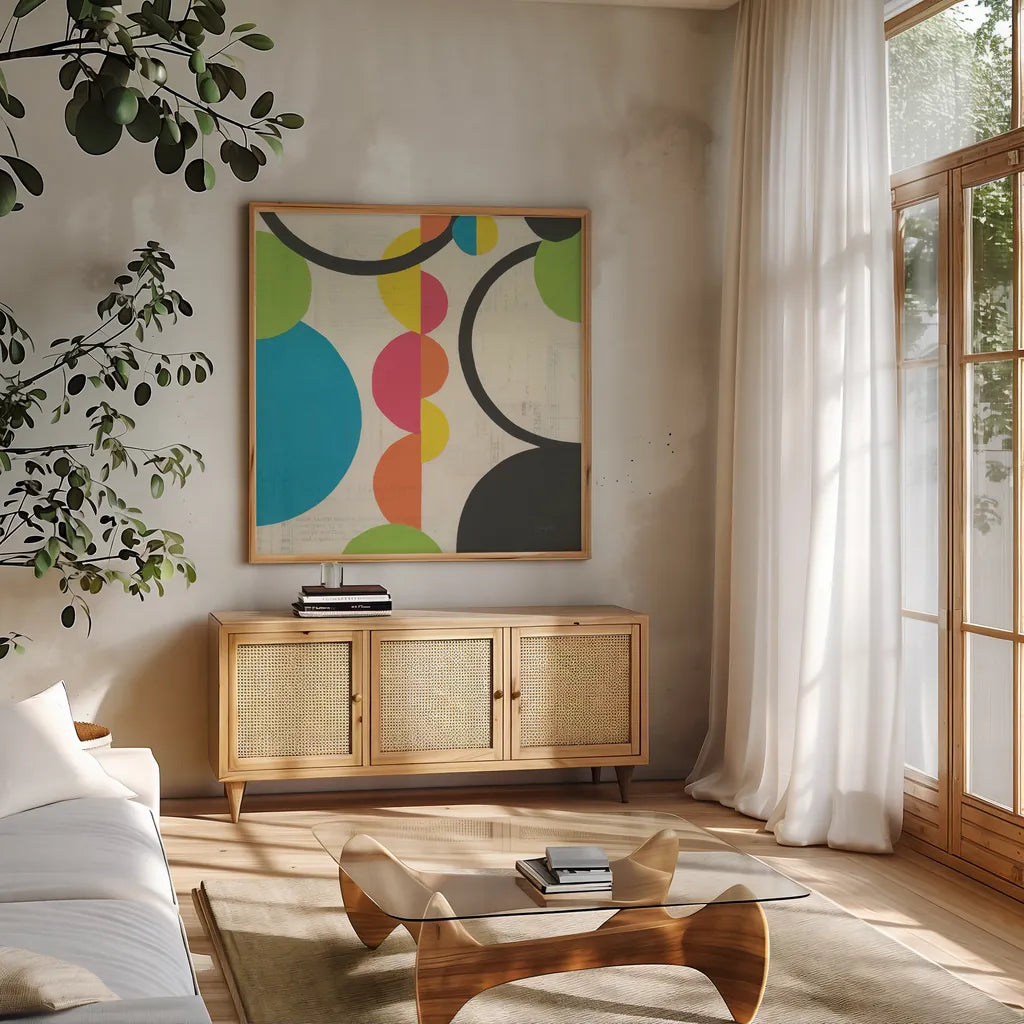 Roundabout I by Courtney Prahl. Shown in a natural wood frame in a cozy modern living room. Available as an archival giclee rolled canvas, fine art paper, or poster print. SKU 44172a.