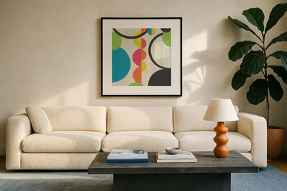 Roundabout I by Courtney Prahl. Displayed in a glass frame with matte in a clean modern living room. Available as an archival giclee rolled canvas, fine art paper, or poster print. SKU 44172a.