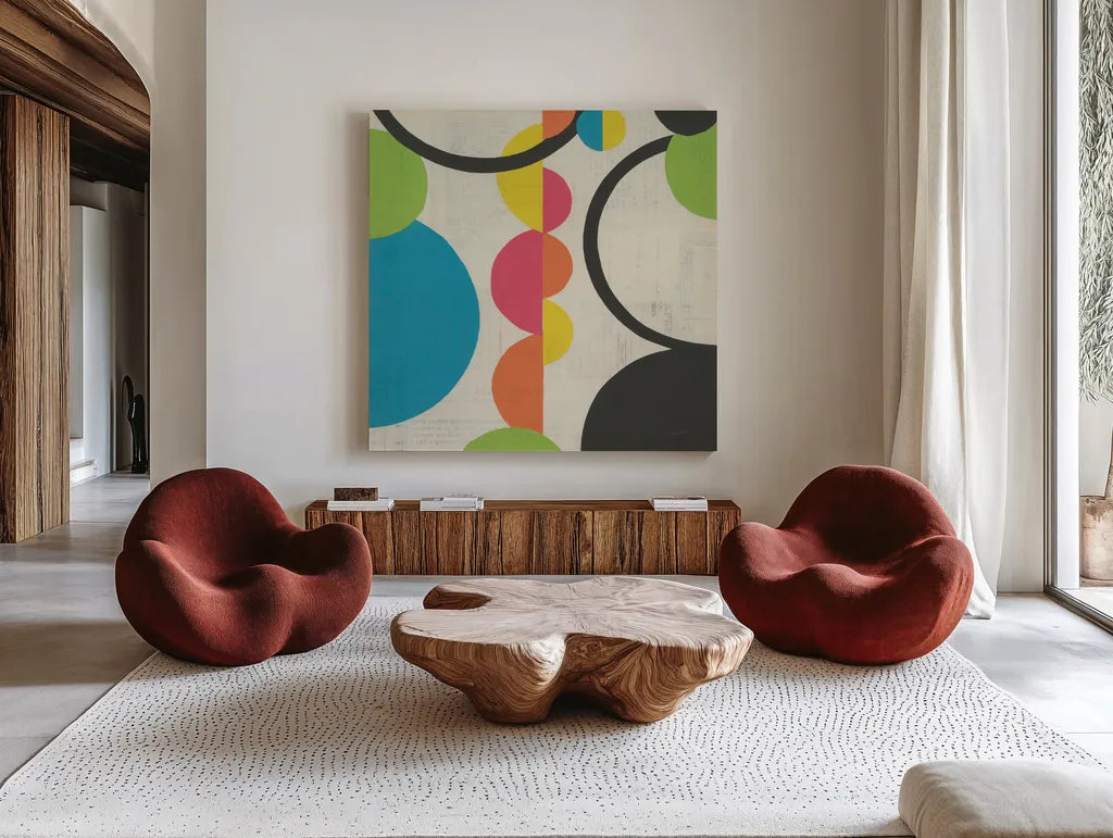 Roundabout I by Courtney Prahl. Shown as extra-large giant wall art in a modern living room. Available as an archival giclee rolled canvas, fine art paper, or poster print. SKU 44172a.