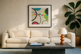 Roundabout II by Courtney Prahl. Displayed in a glass frame with matte in a clean modern living room. Available as an archival giclee rolled canvas, fine art paper, or poster print. SKU 44173a.