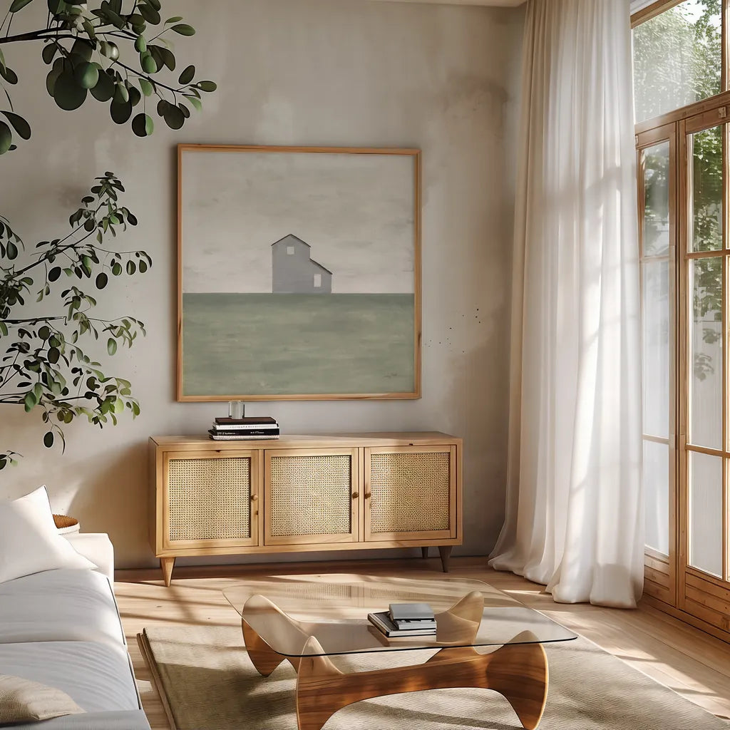 Rural Simplicity I by Courtney Prahl. Shown in a natural wood frame in a cozy modern living room. Available as an archival giclee rolled canvas, fine art paper, or poster print. SKU 74100a.