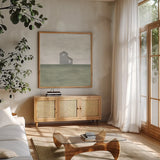 Rural Simplicity I by Courtney Prahl. Shown in a natural wood frame in a cozy modern living room. Available as an archival giclee rolled canvas, fine art paper, or poster print. SKU 74100a.