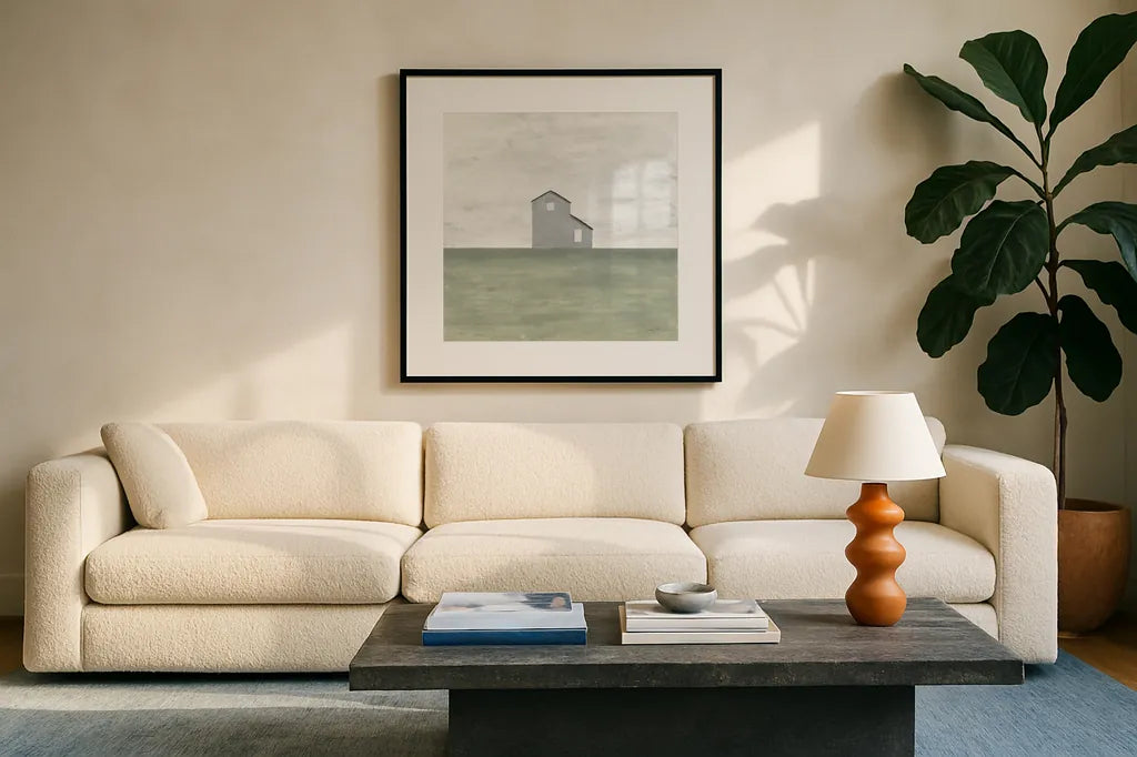 Rural Simplicity I by Courtney Prahl. Displayed in a glass frame with matte in a clean modern living room. Available as an archival giclee rolled canvas, fine art paper, or poster print. SKU 74100a.
