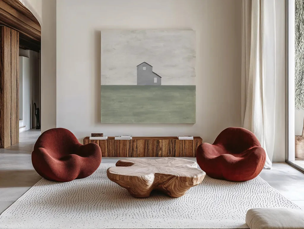 Rural Simplicity I by Courtney Prahl. Shown as extra-large giant wall art in a modern living room. Available as an archival giclee rolled canvas, fine art paper, or poster print. SKU 74100a.