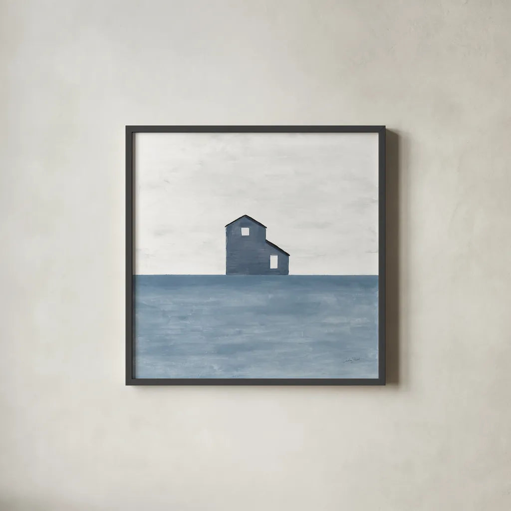 Rural Simplicity I Blue by Courtney Prahl. Shown in a sleek black glass frame for a contemporary gallery look. Available as an archival giclee rolled canvas, fine art paper, or poster print. SKU 80506a.