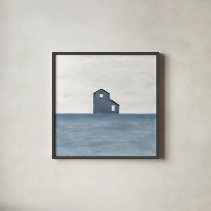 Rural Simplicity I Blue by Courtney Prahl. Shown in a sleek black glass frame for a contemporary gallery look. Available as an archival giclee rolled canvas, fine art paper, or poster print. SKU 80506a.
