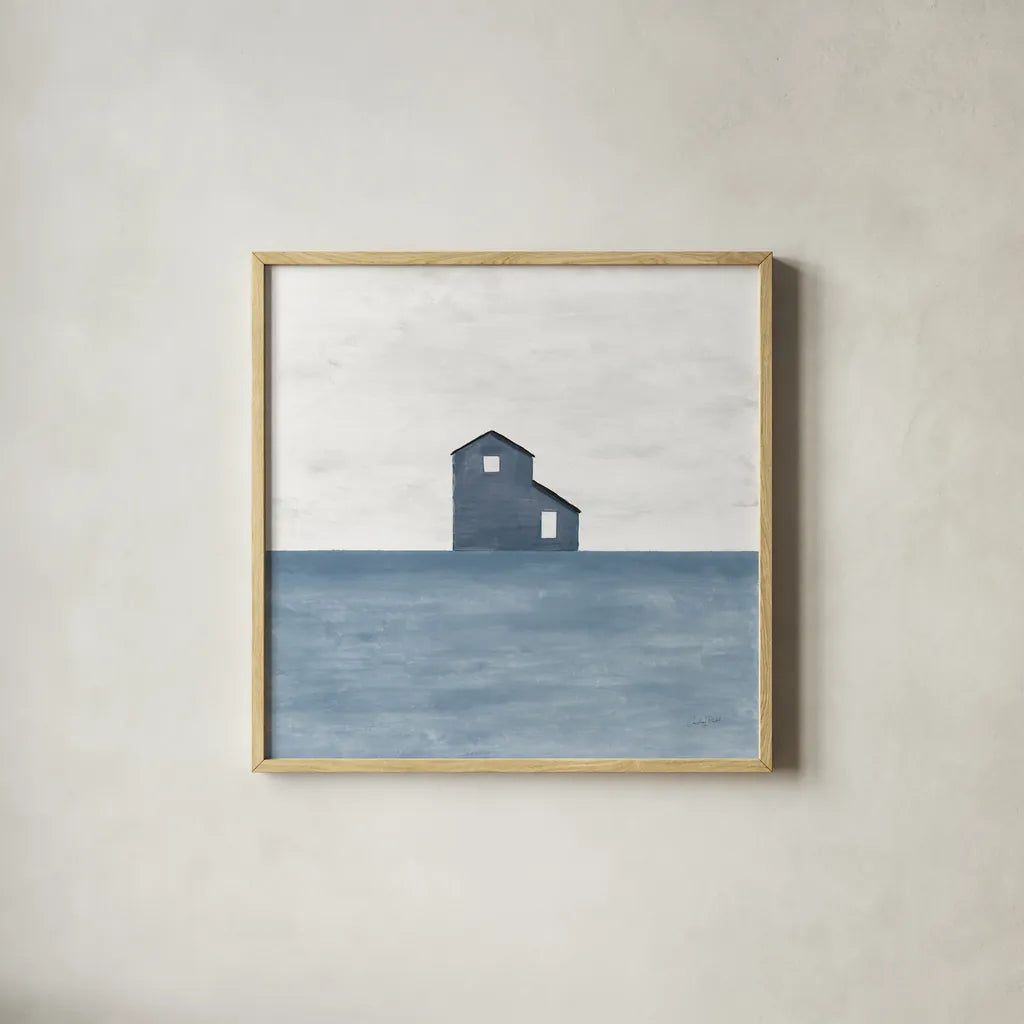Rural Simplicity I Blue by Courtney Prahl. Shown in a natural wood glass frame for a timeless modern aesthetic. Available as an archival giclee rolled canvas, fine art paper, or poster print. SKU 80506a.