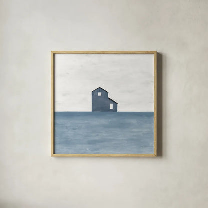 Rural Simplicity I Blue by Courtney Prahl. Shown in a natural wood glass frame for a timeless modern aesthetic. Available as an archival giclee rolled canvas, fine art paper, or poster print. SKU 80506a.