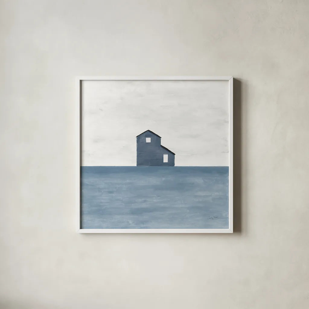 Rural Simplicity I Blue by Courtney Prahl. Shown in a crisp white glass frame for a clean and minimalist style. Available as an archival giclee rolled canvas, fine art paper, or poster print. SKU 80506a.