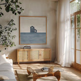 Rural Simplicity I Blue by Courtney Prahl. Shown in a natural wood frame in a cozy modern living room. Available as an archival giclee rolled canvas, fine art paper, or poster print. SKU 80506a.