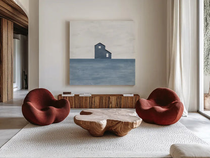 Rural Simplicity I Blue by Courtney Prahl. Shown as extra-large giant wall art in a modern living room. Available as an archival giclee rolled canvas, fine art paper, or poster print. SKU 80506a.