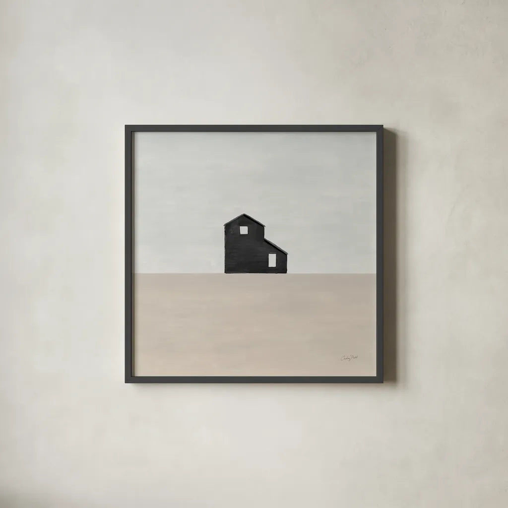 Rural Simplicity I Neutral by Courtney Prahl. Shown in a sleek black glass frame for a contemporary gallery look. Available as an archival giclee rolled canvas, fine art paper, or poster print. SKU 80508a.