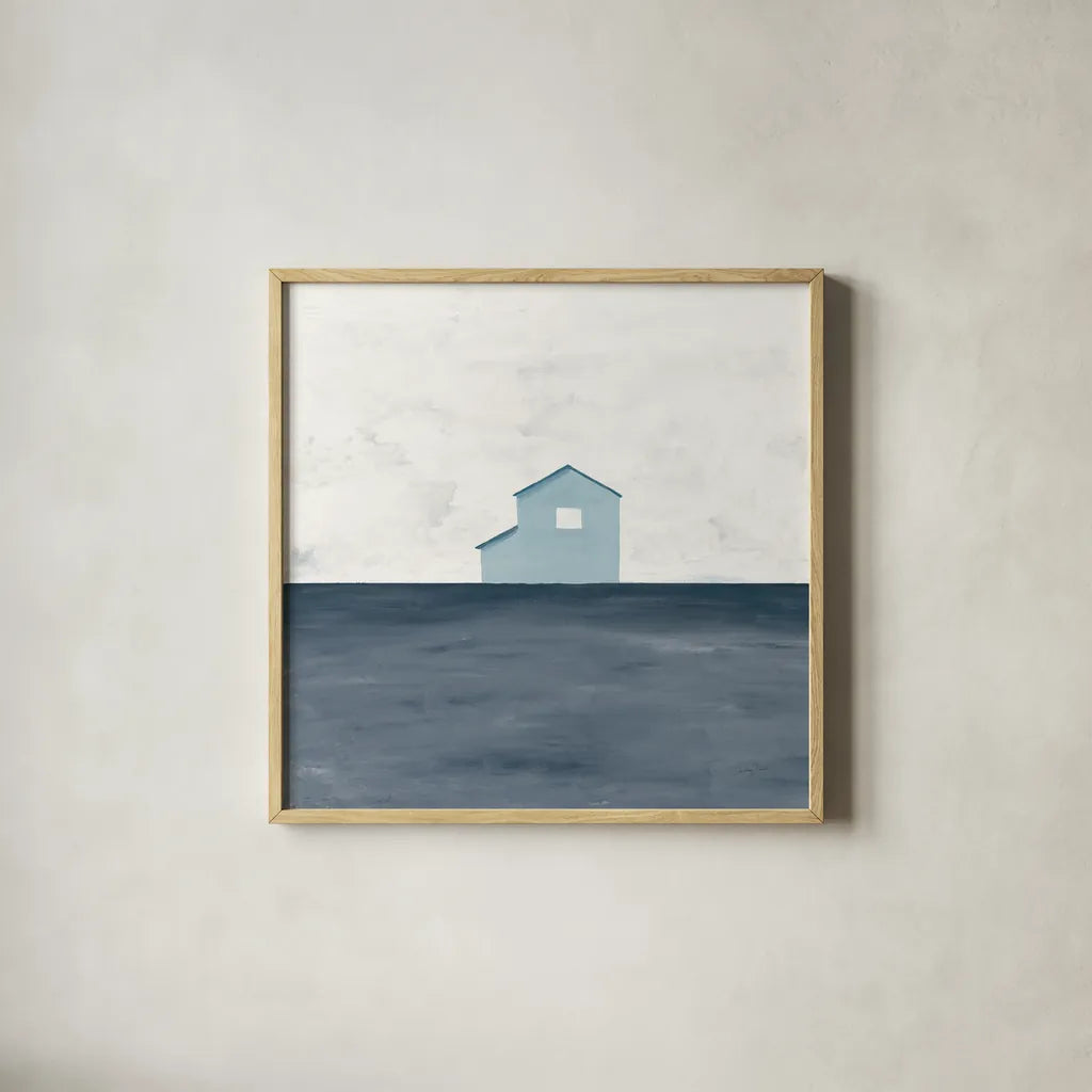 Rural Simplicity IV Blue by Courtney Prahl. Shown in a natural wood glass frame for a timeless modern aesthetic. Available as an archival giclee rolled canvas, fine art paper, or poster print. SKU 80507a.