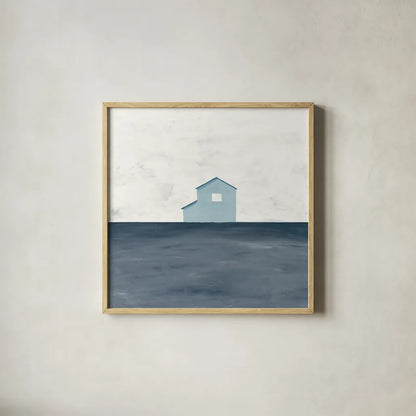 Rural Simplicity IV Blue by Courtney Prahl. Shown in a natural wood glass frame for a timeless modern aesthetic. Available as an archival giclee rolled canvas, fine art paper, or poster print. SKU 80507a.